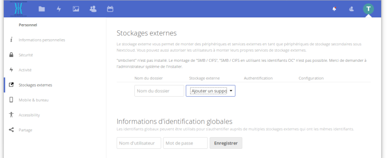 Page de configuration des stockages externes